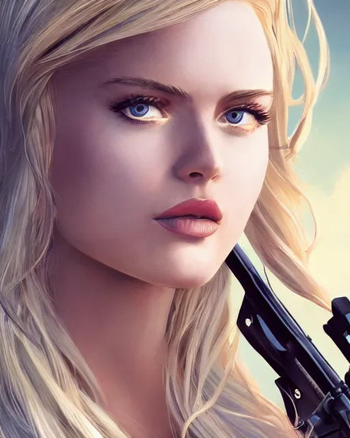 Prompt: side closeup of beautiful blonde female with blue eyes aiming l 9 6 a 1 rifle at target, award winning photography, extremely detailed, artstation, 8 k, sensual lighting, incredible art, wlop, pixar, disney, artgerm, backlit, rim lighting, hi - fructose, cellshading, intricate lineart