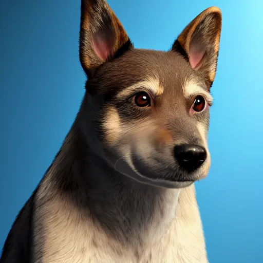 Prompt: crisp quality and light reflections, photorealistic portrait, studio lighting, still photo of a cute dog with human eyes, bright studio setting, highly detailed, unreal engine 5 quality render, uncanny valley