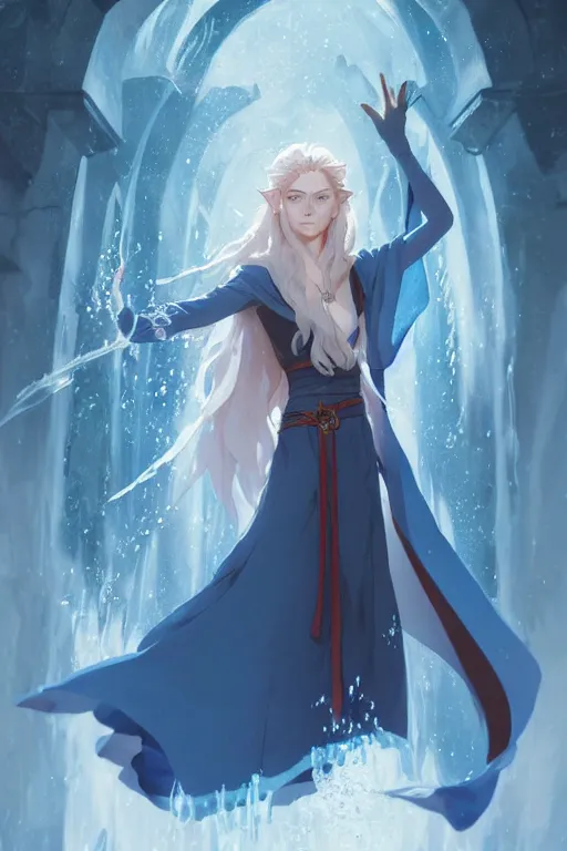 Image similar to elvish female sorcerer doing water magic spells, blue robes, red hair, finely detailed perfect face, exquisite details, mid view, design on a white background, by studio muti, greg rutkowski makoto shinkai takashi takeuchi studio ghibli