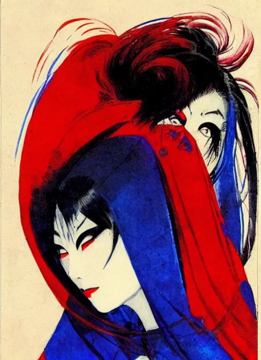 Image similar to portrait of mighty korean vampiress, jeweled veil, blue and red, strong line, saturated color, beautiful! coherent! by frank frazetta, high contrast, minimalism