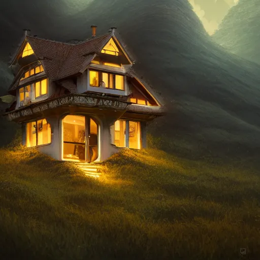 Image similar to small hillside house made of honey and milk, modern lighting, hyper - realistic, hyper - detailed, 8 k, octane rendered, art nouveau, organic, flowing, impossible torsion, writhing, dusk, lush, dynamic, in the style of ross tran