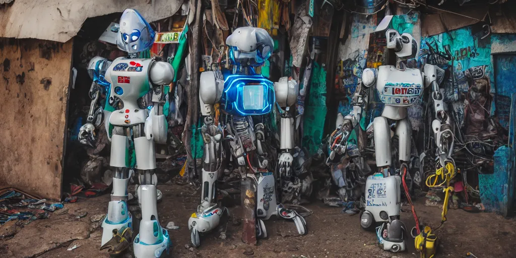 Image similar to mecha ROBOT of AJEGUNLE SLUMS of Lagos inside african JESUS CHRIST about AESTHETICS surrounding large UFO within NEON rays of light, 35mm, f/1.4,