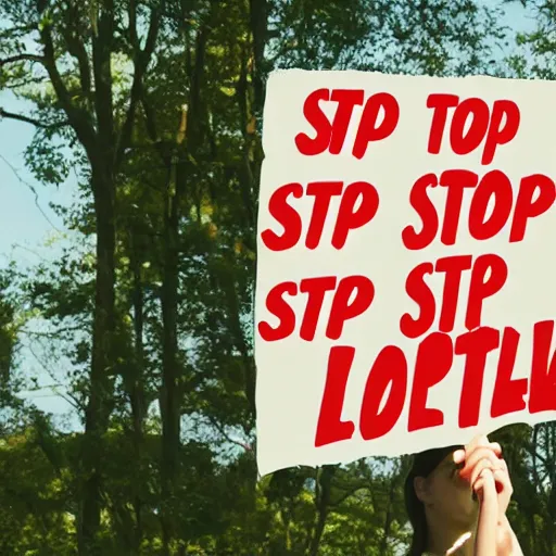 Prompt: of an environmentalist holding up a plastic sign saying stop using oil now photorealistic