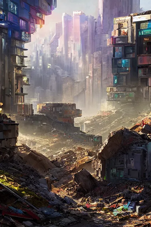 Image similar to a cyberpunk landscape with a pile of rubble in many colors with a corner wall with a window and the light shining through