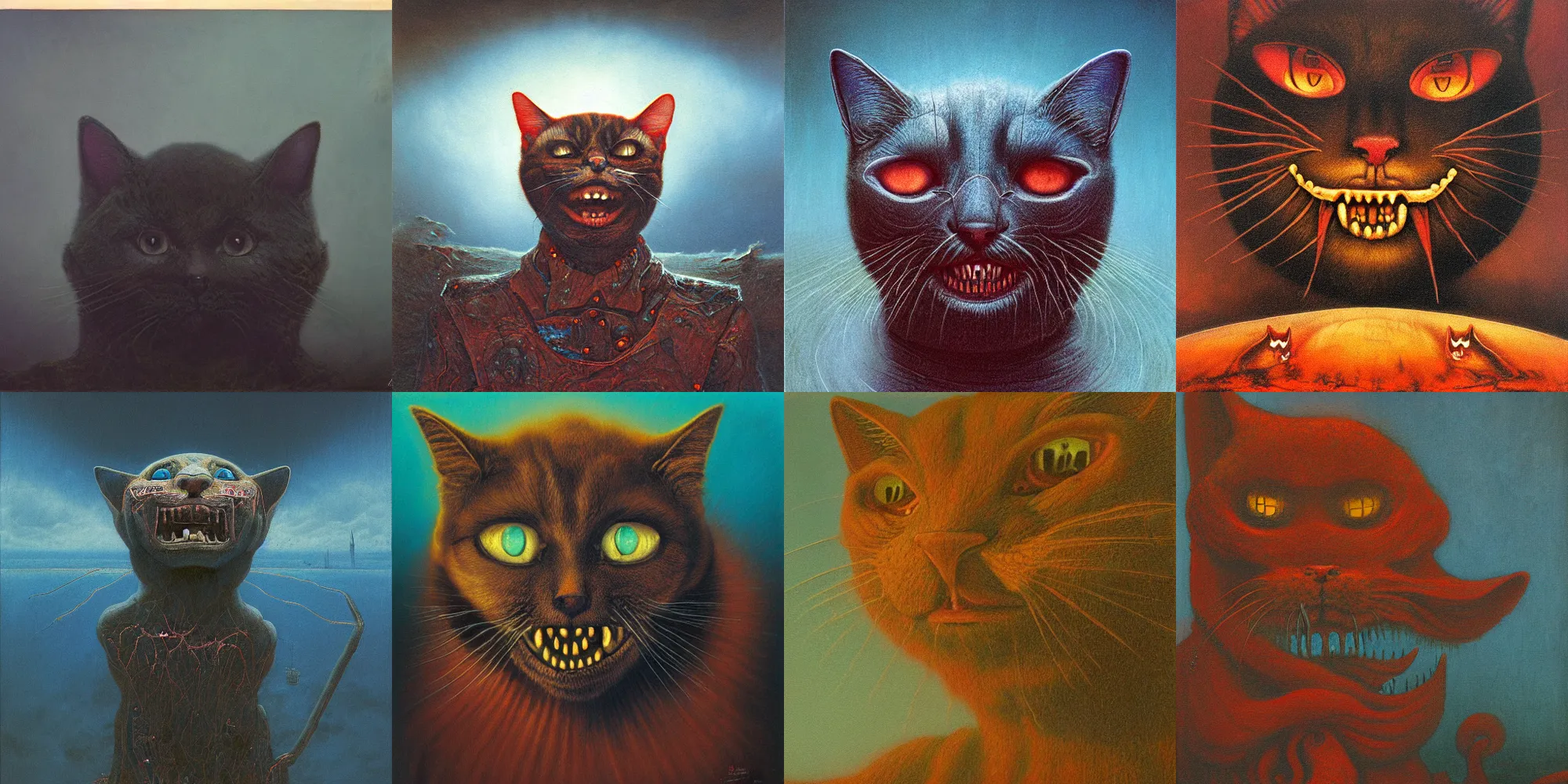 Prompt: grinning evil cat, HD, award winning, in style of beksinski, film grain, medium format, 8k resolution, oil on canvas