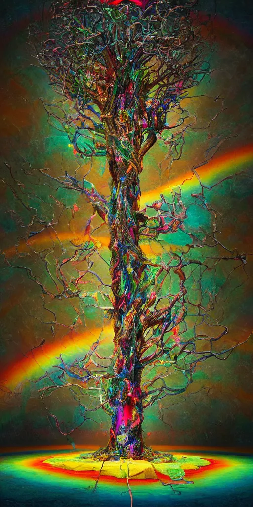 Image similar to impossibly beautiful tree of sacred knowledge, bad trip, insane smile, intricate complexity, surreal horror, inverted neon rainbow drip paint, trending on art station, photoreal, 8 k, octane render by greg rutkowski, and salvador dali