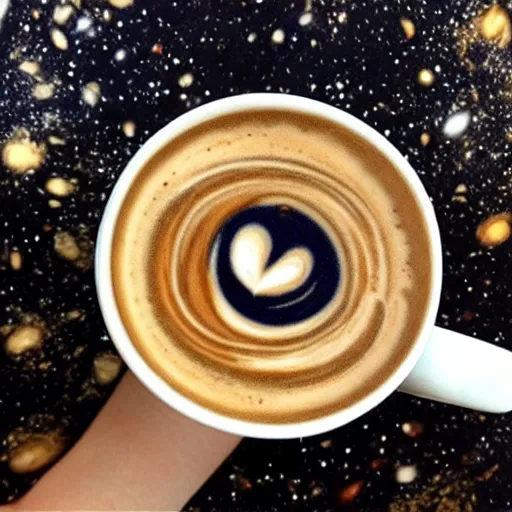 Prompt: “latte art that looks like a picture of outer space, highly detailed, intricate, 8K resolution”