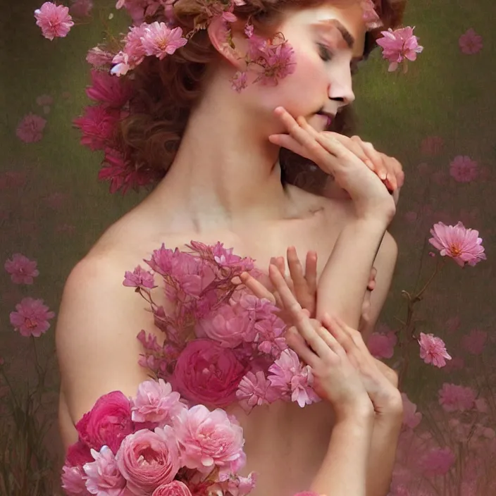 Image similar to a wonderful goddess with the skin made of pink petals, perfect hands, intricate, elegant, highly detailed, wonderful eyes, sweet, digital painting, artstation, concept art, smooth, sharp focus, illustration, art by artgerm and greg rutkowski and alphonse mucha and william - adolphe bouguereau