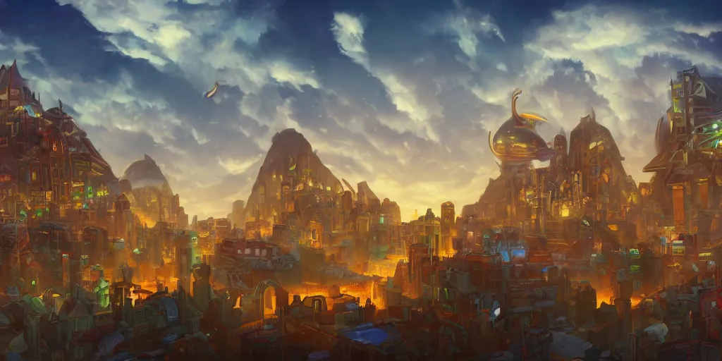 Image similar to a city in the style of piltover from arcane, blimps in the sky, blue skies, soft clouds, trending on artstation