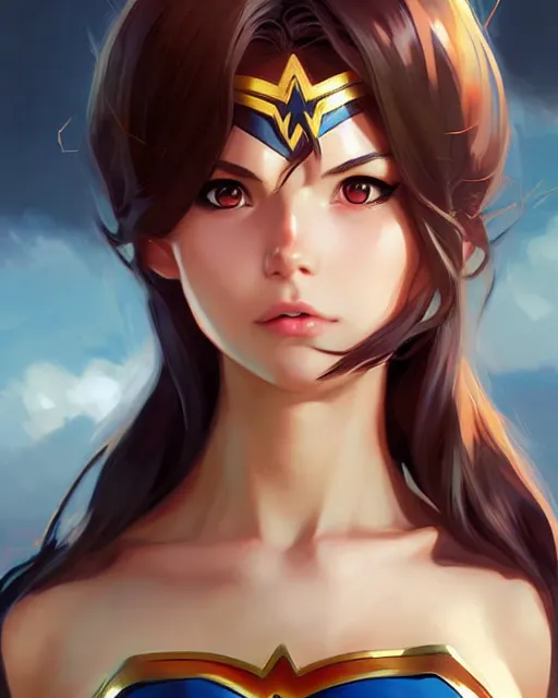 Image similar to portrait Anime as Wonderwoman girl cute-fine-face, pretty face, realistic shaded Perfect face, fine details. Anime. realistic shaded lighting by Ilya Kuvshinov Giuseppe Dangelico Pino and Michael Garmash and Rob Rey