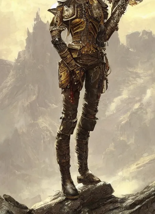 Image similar to highly detailed steampunk armor on a blond who is standing on a rock : greg rutkowski, magali villeneuve