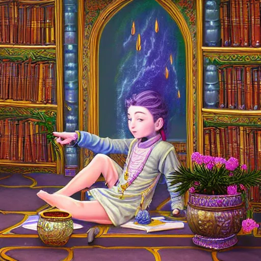 Image similar to a highly detailed fantasy pastel painting of a young wizard in ornate clothing lounging on a purpur pillow on the marble floor in front of her bookcase, studying an ancient tome. to the side is a potted plant and some blue candles. ancient oriental retrofuturistic setting. 4 k key art in the style yoshitaka amano