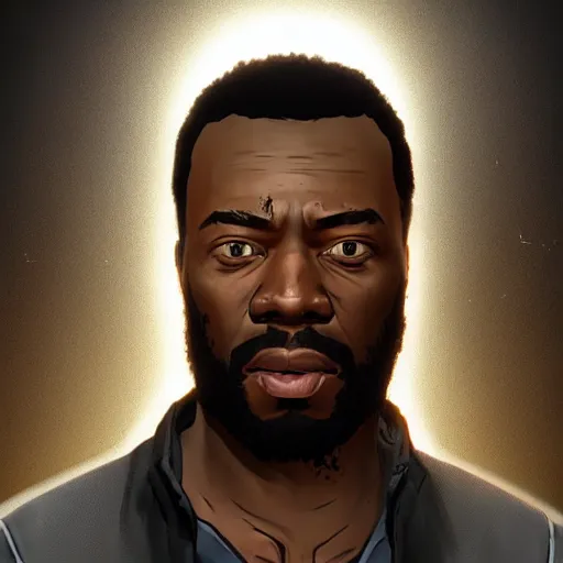 Image similar to portrait art of lee everett from game the walking dead by telltale games, 8 k ultra realistic, lens flare, atmosphere, glow, detailed, intricate, full of colour, led lighting, 4 k, hyperrealistic, focused, extreme details, unreal engine 5, masterpiece