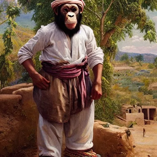 Image similar to beautiful painting by sophie anderson of a chimpanzee wearing traditional men kurdish clothes baggy pants and white shirt with a large sash tied around the waist in a kurdish village, award winning art, insanely detailed, bright colors, global illumination, cute, young, stunning