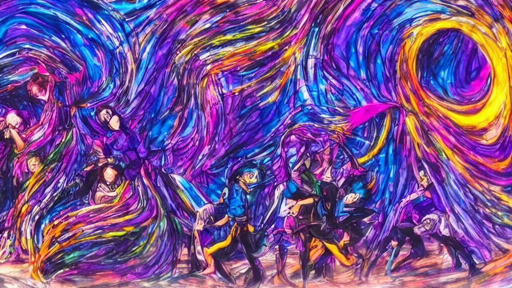 Prompt: a group of 5 people people seen from the front dancing together with colorful spirits wrapping around people tangling in luminous spirals, dark blue and intense purple color palette, in the style of yoshiyuki tomino