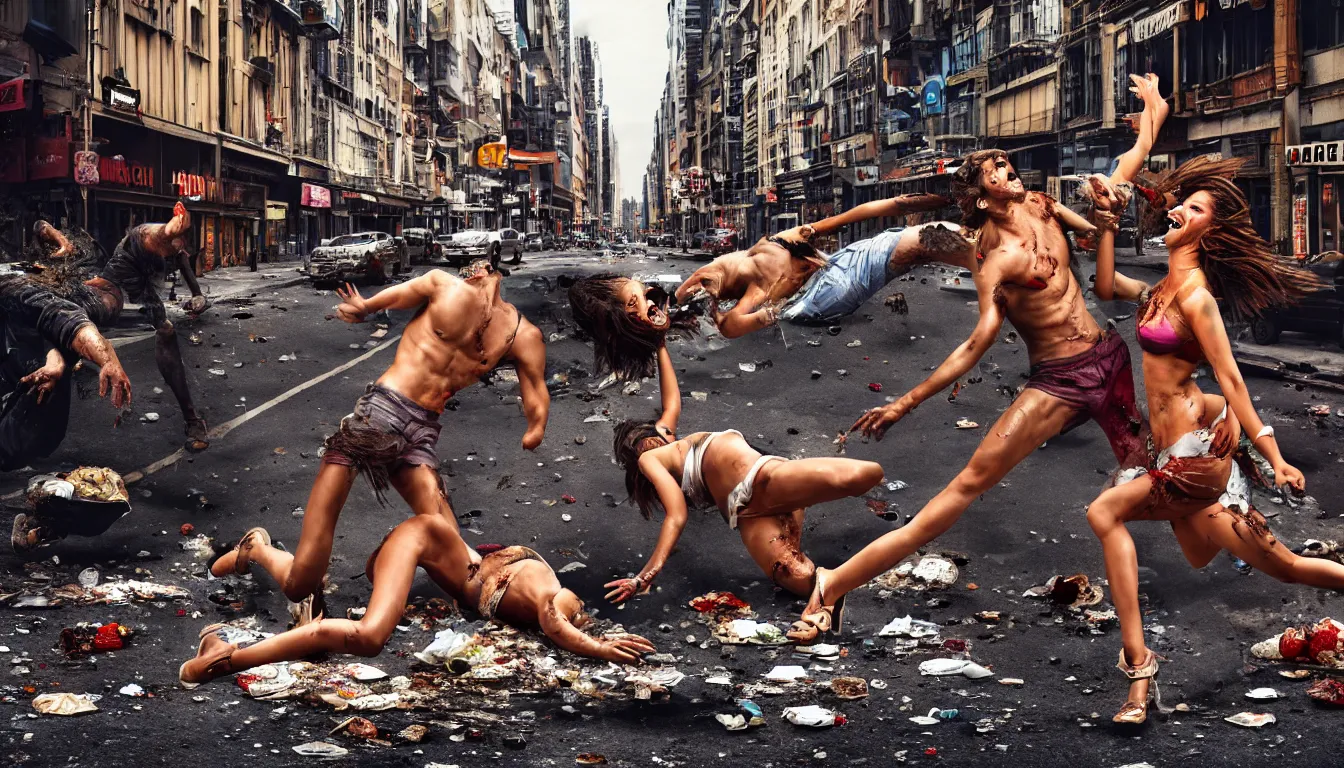 Prompt: in a dirty city street disheveled male and female supermodels fight, sweating laughing, over piles half eaten rotting fast food, money thrown and floats in the air, hyper realistic photo, full colour, upscale, 8 k, masterpiece,