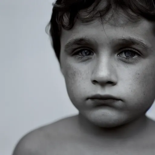 Prompt: A 4x5 portrait of a boy, who is dishevelled and beaten down, a million-mile stare, bokeh, depth of field, pastel colours overlap, grainy, rule of thirds