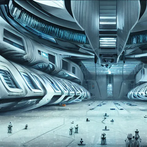 Image similar to one thousand aligned cryogenic pods, spaceship hangar, symmetrical, sci-fi, cryogenic pods, many cryogenic pods, interior, fantasy, 4k, wide shot, matte painting, oil painting, concept art, art station, style of Eliran Kantor