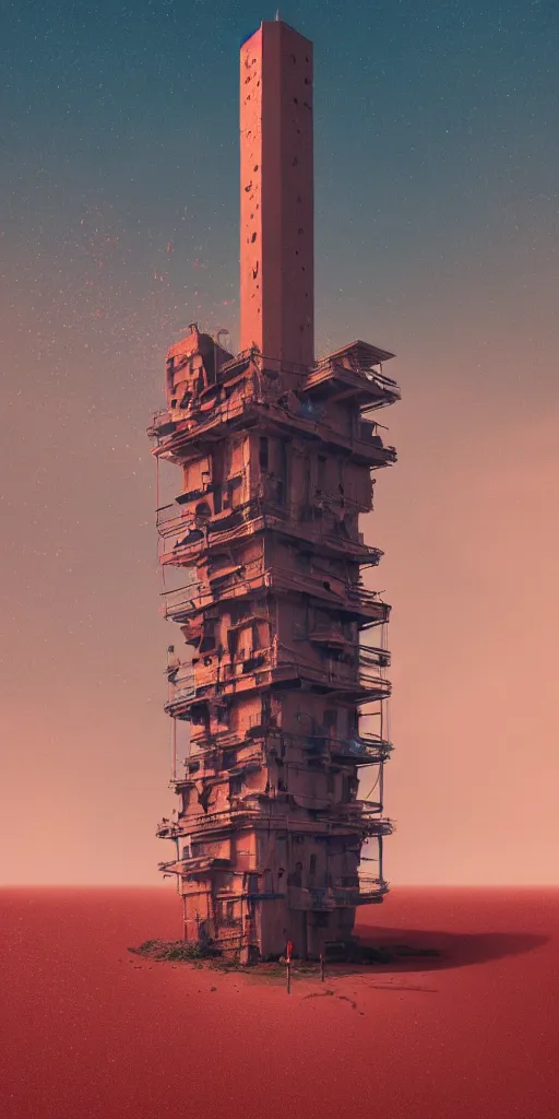 Image similar to a concrete tower with several power cables coming from the top of the tower and going out of frame, the tower stands in red sand beach, ocean waves, cloudy day, blue hour, by filip hodas, by simon stalenhag, cinematic, dramatic light, concept art, matte painting, trending on artstation, dystopia, cyberpunk