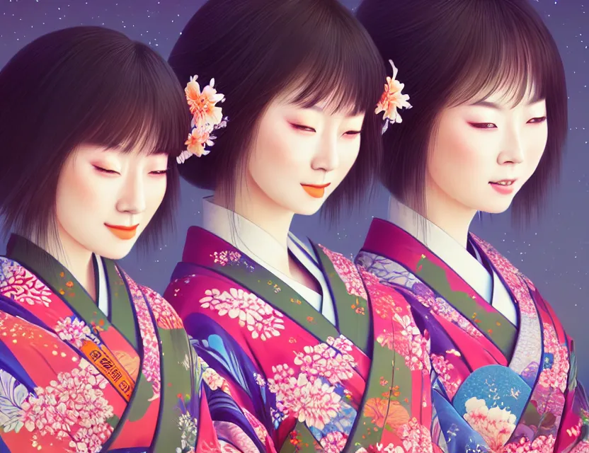 Image similar to two beautiful charming japan girls wear arty kimono in festival | | sunny night, full moon, dreamlike art, realistic shaded, smile, good looking, hyper details, 4 k realistic, cryengine, realistic shaded lighting poster by ilya kuvshinov, fuji choko, ross tran, 8 k resolution, trending on artstation, luxury