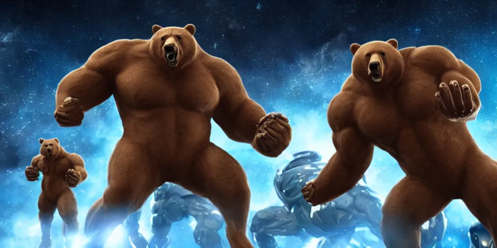 Image similar to photo of muscular bears, playing intergalactic championship versus chitauri. Highly detailed 8k. Award winning.