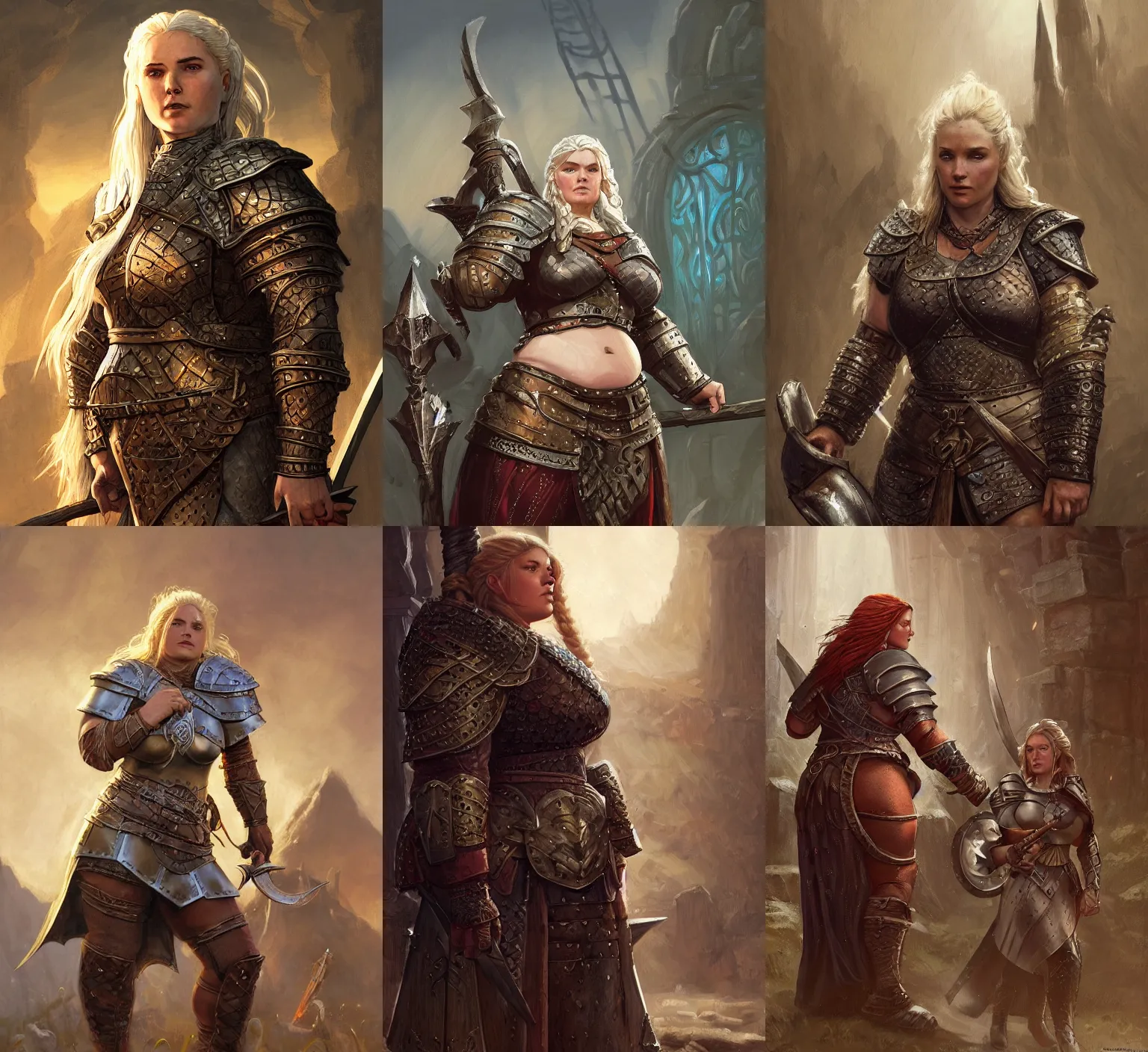 Prompt: A noble female dwarven warrior and blacksmith wearing heavy iron breastplate. Chubby plump body. complex blonde braided hair. Fantasy concept art. Moody Epic painting by larry elmore, and greg rutkowski. ArtstationHQ. painting with Vivid color. (Dragon age, witcher 3, lotr)