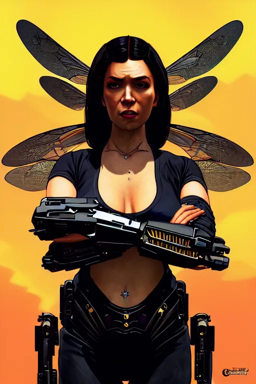 Image similar to gta 5 queen bee profile picture by greg rutkowski, cybernetic wings, dynamic pose, intricate, futuristic, fantasy, elegant, by stanley artgerm lau, greg rutkowski, thomas kindkade, alphonse mucha, loish, norman rockwell, fantasy lut, asymmetric, long hair, retro computer graphics, video game, fluid lines,