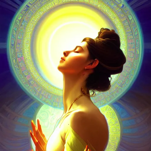 Image similar to a woman in deep meditation, chakras emiting mystical colored light, intricate, elegant, highly detailed, my rendition, digital painting, artstation, concept art, smooth, sharp focus, radiant light, illustration, art by artgerm and greg rutkowski and alphonse mucha