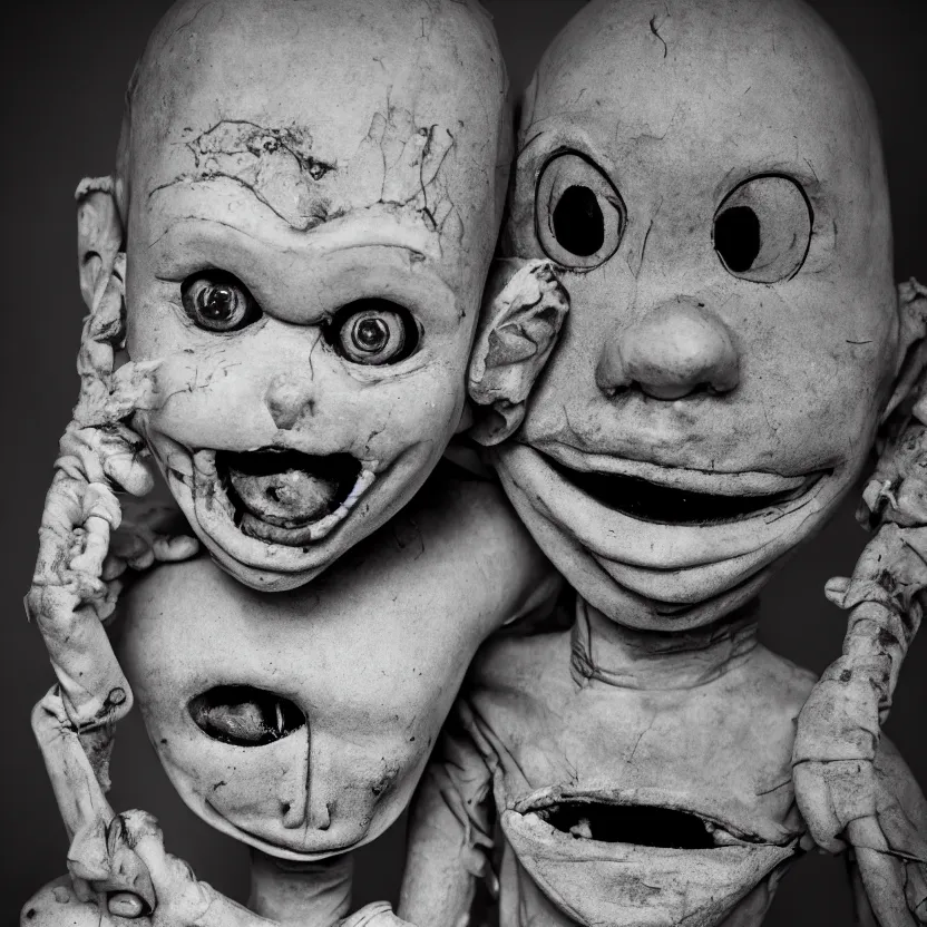 Image similar to creepy ventriloquist dummy in the style of roger ballen, 4 k, bw, portrait