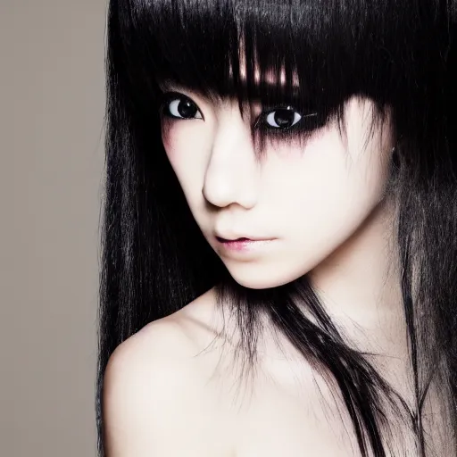 Image similar to professional photograph of female japanese model in emo makeup, long hair, fringe