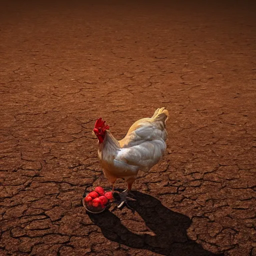 Prompt: realistic photograph of a chicken in a desert, high quality