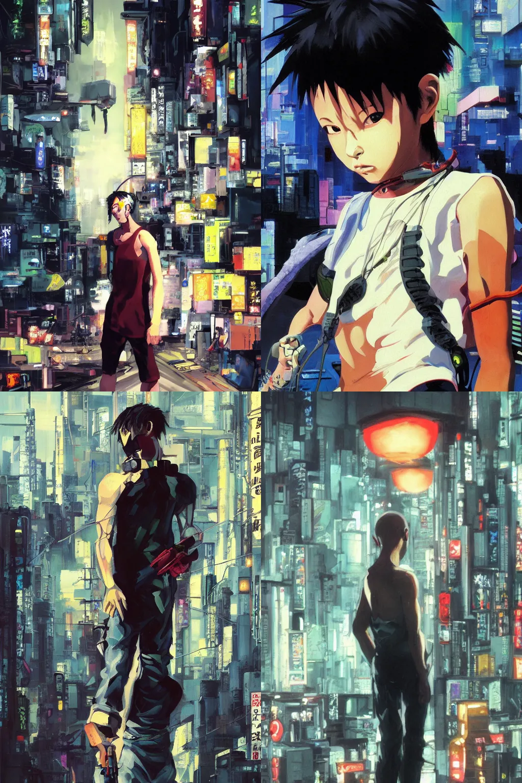 Prompt: oil painting, yoji shinakawa, studio gainax, bald black teenager wearing a white tank-top, cyberpunk city, ghost in the shell, badass