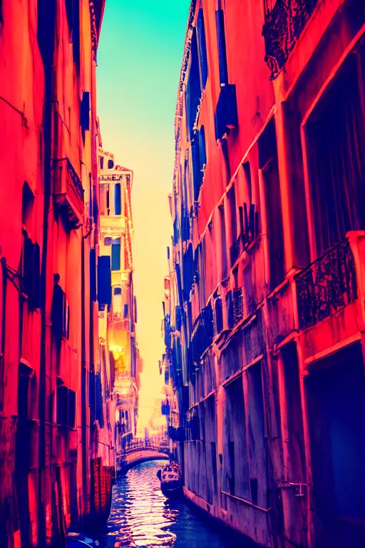 Image similar to neon streets of venice, 4 k, award winning photo, cyberpunk style