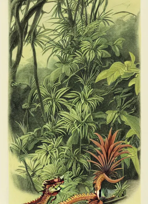 Image similar to dragons in a tropical forest, john james audubon, vintage botanical, intaglio