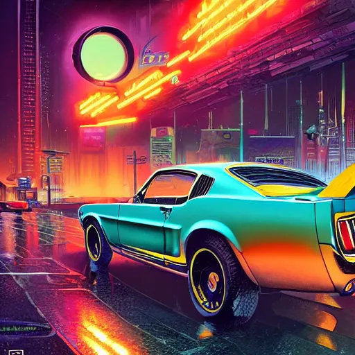 Prompt: a highly detailed matte painting of a neon colored batmobile in a 1 9 6 7 ford mustang fastback, vector art, art by artgerm and greg rutkowski and alphonse mucha, cyberpunk city, rainy city streets, god rays, intricate detail, cinematic, 8 k, cel shaded, unreal engine, featured on artstation, pixiv