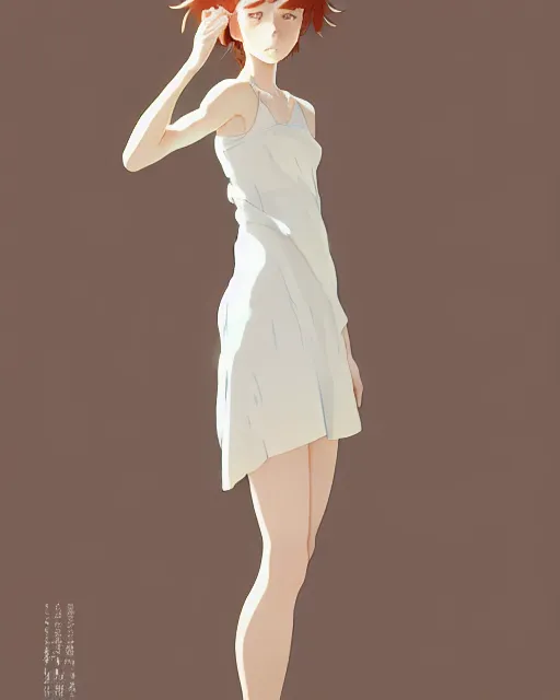 Image similar to young southern woman, freckle, ginger hair, sad cerulean eyes, simple cream dress, detailed perfect face, exquisite details, mid view, design on a white background, by studio muti, greg rutkowski makoto shinkai takashi takeuchi studio ghibli