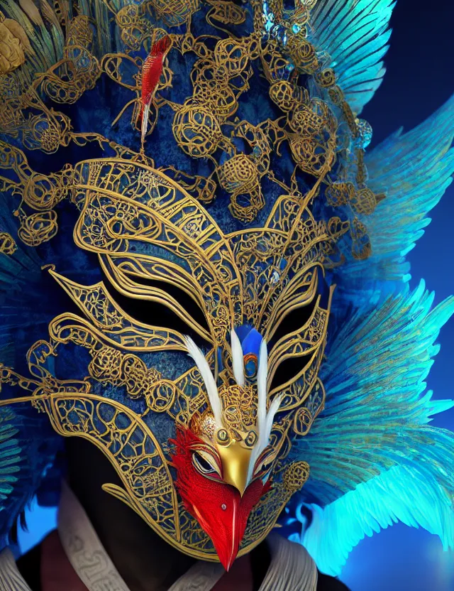 Image similar to 3 d shaman in venetian mask close - up profile portrait. beautiful intricately detailed japanese crow kitsune mask and clasical japanese kimono. betta fish, jellyfish phoenix, bio luminescent, plasma, ice, water, wind, creature, artwork by tooth wu and wlop and beeple and greg rutkowski