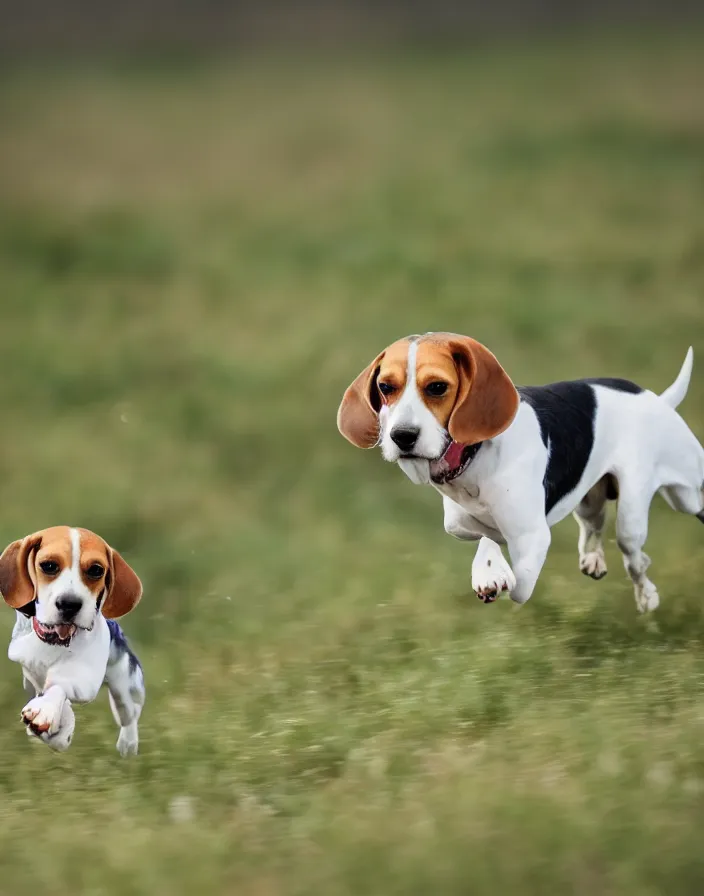 Image similar to a beagle running in a field, 8k, depth of field.