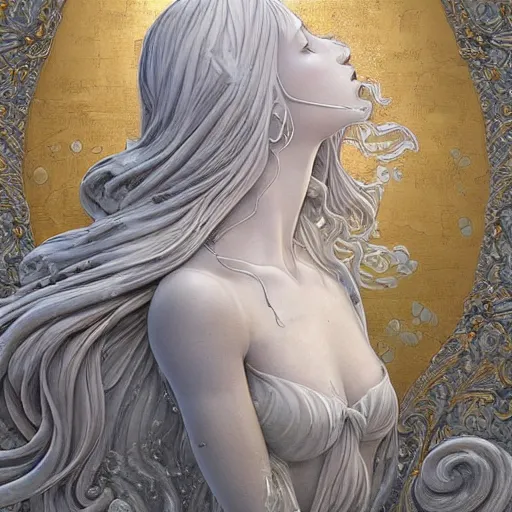 Prompt: “a delicate renaissance marble sculpture covered with water veil, highly detailed transparent marble cloth, a beautiful girl with long black hair in, island background, intricate, highly detailed, digital painting, artstation, official media, anime key visual, concept art, rich vivid colors, ambient lighting, sharp focus, illustration, art by Artgerm, Makoto Shinkai, Ilya Kuvshinov, Lois Van Baarle, and Rossdraws, gi, global illumination, physically based rendering, photorealistic, top light , dark background”