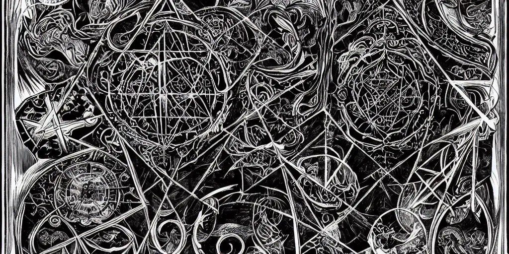 Image similar to There are nightmares rising from the shadows and they hunger for our dying hope, The Books of Sorrow, grimoire, forbidden knowledge, malice, conjuring runes, arcane, arcana, spell book, sacred geometry, ink illustration, black ink, white paper, sketching, detailed line work, infographics, technical manual, technical blueprints, intricate and ornate, highly detailed, gothic, creepy, epic, engraved, 8k