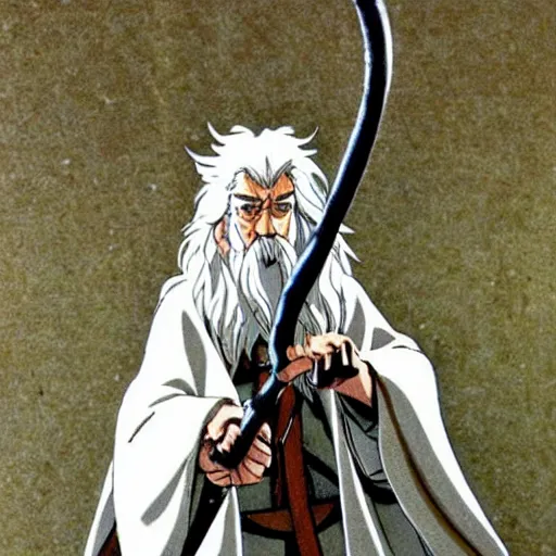 Image similar to gandalf from the anime lord of the rings (1986), holding a wooden staff, studio ghibli, very detailed, realistic