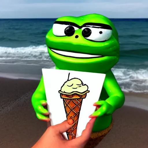 Prompt: pepe the frog enjoying his day on the beach with an ice cream cone in his hand, cartoon style