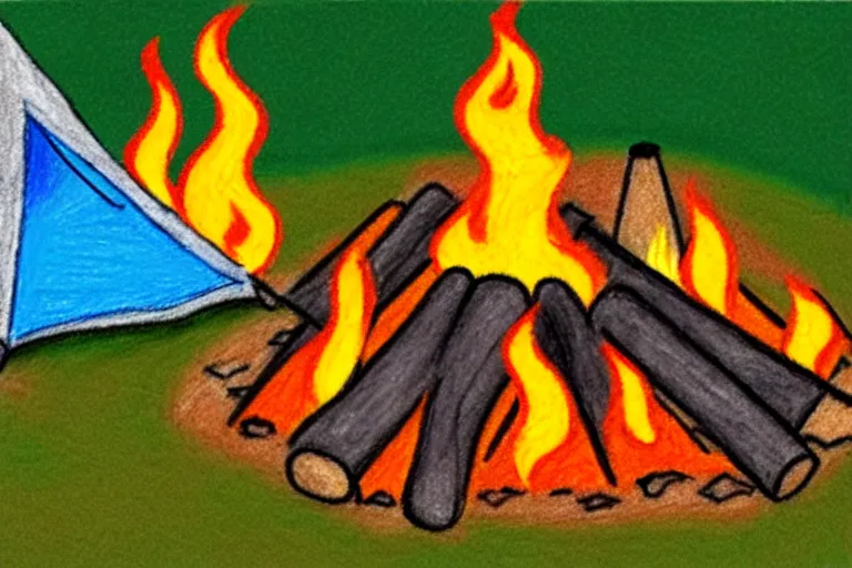 Image similar to child crayon drawing of a campsite with bonfire