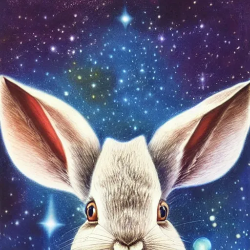 Prompt: rabbit face only, nebula space background, pencil drawing, higher detailed, realistic, pastel, by walton ford