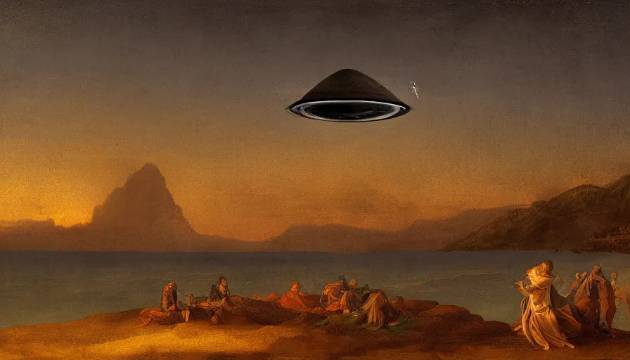 Prompt: an ufo on top of the weeknd by da vinci, digital art, classical painting, sharp focus, sunset beach, 4 k, restored