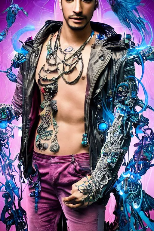 Image similar to full-body cyberpunk style sculpture of handsome singer Maluma as a half cyborg with a chest opening exposing circuitry and electric sparks, glowing pink eyes, crown of blue flowers, flowing salmon-colored silk, fabric, raptors. baroque elements. full-length view. baroque element. intricate artwork by caravaggio. many many birds birds on background. Trending on artstation, octane render, cinematic lighting from the right, hyper realism, octane render, 8k, depth of field, 3D