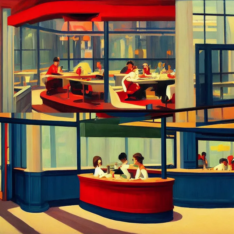 Image similar to inside a diner, painted by Edward Hopper, painted by James Gilleard, airbrush