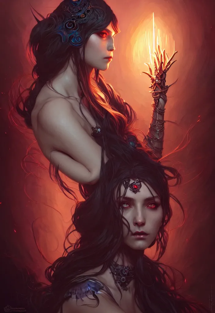 Image similar to Necromancer Sorceress, fantasy magic, undercut hairstyle, dark light night, intricate, elegant, sharp focus, illustration, highly detailed, digital painting, concept art, matte, art by WLOP and Artgerm and Greg Rutkowski and Alphonse Mucha, masterpiece