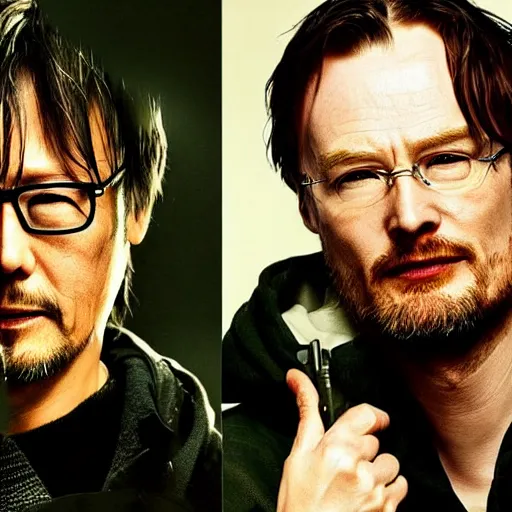 Image similar to Hideo Kojima and Christopher Nolan as Jesse Pinkman and Walter White, matte paint, portrait, very coherent, airbrush