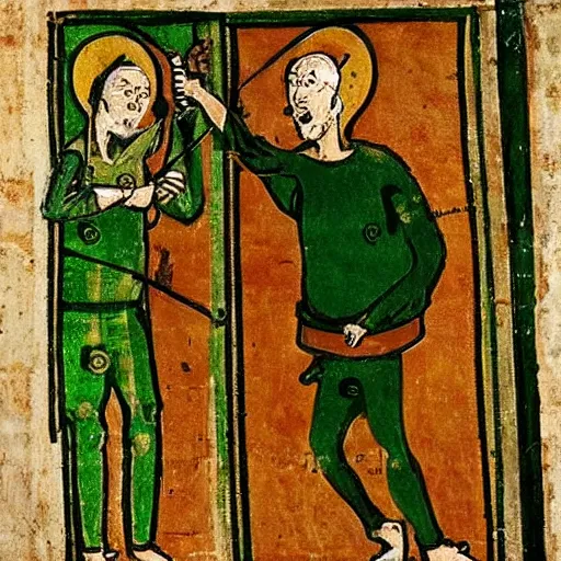 Image similar to skinny ugly man in green body suit, frying pan in one hand, angry, fighting, medieval art